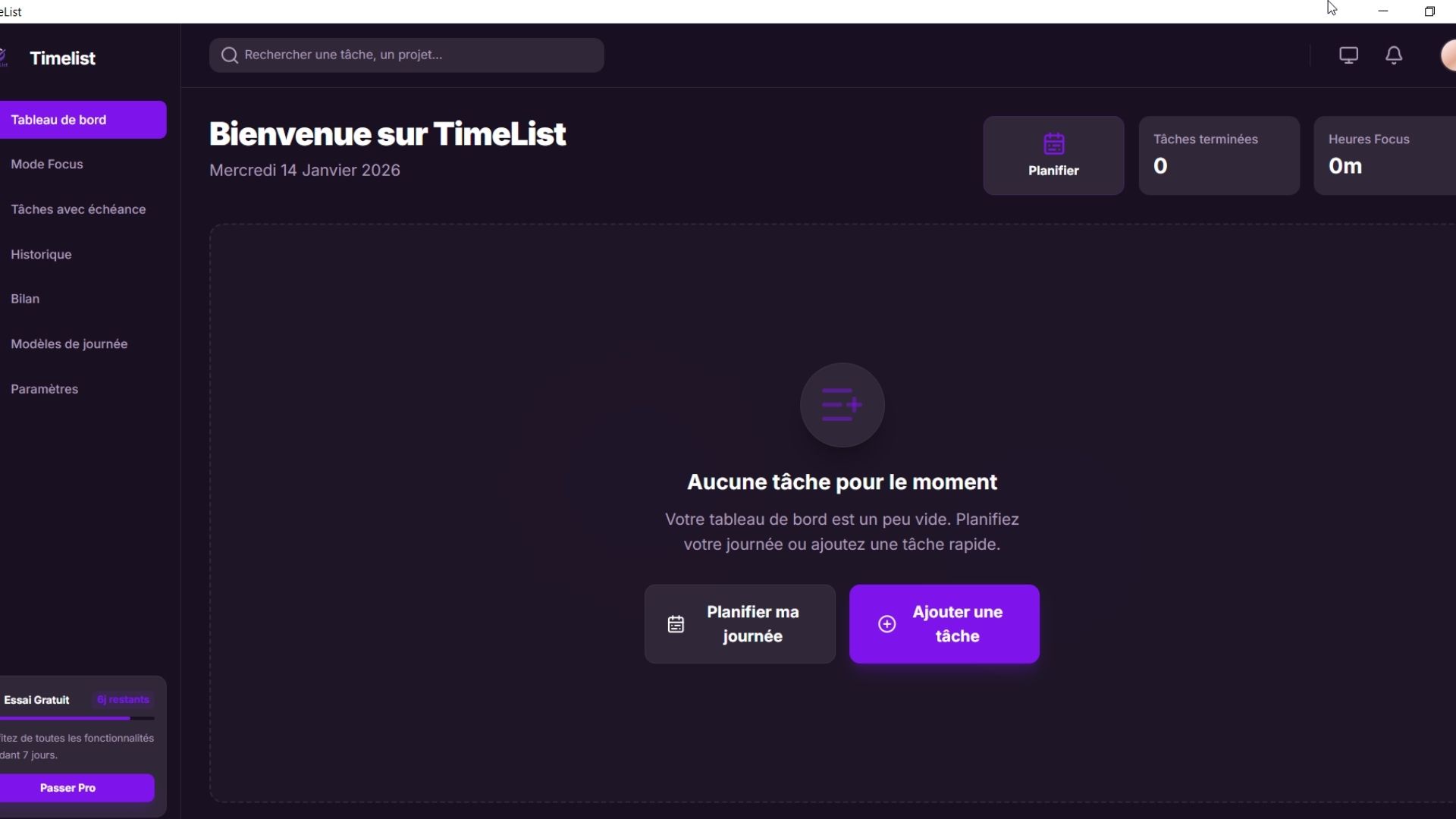 Vue d'ensemble des tâches et de la progression sur l'application TimeList